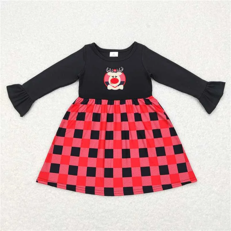 Easygoing Outfits GLD0423  Baby Girls Christmas Deer Ruffle Long Sleeve Knee Length Dresses