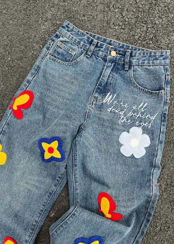 Smart Comfort Wear Casual Denim Blue Embroideried Floral High Waist Pants
