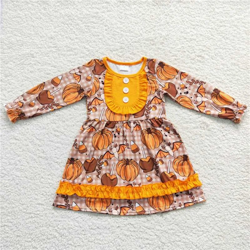 Stylish Jackets GLD0343 Baby Girls Pumpkin Fall Knee Length Ruffle Dresses