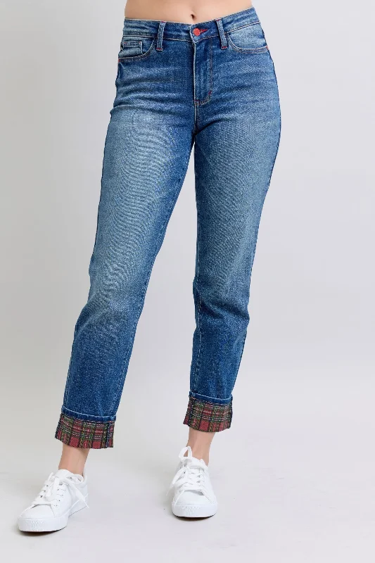 Weekend Comfort Wear Judy Blue Full Size Plaid Print Cuff Straight Leg Jeans with Pockets