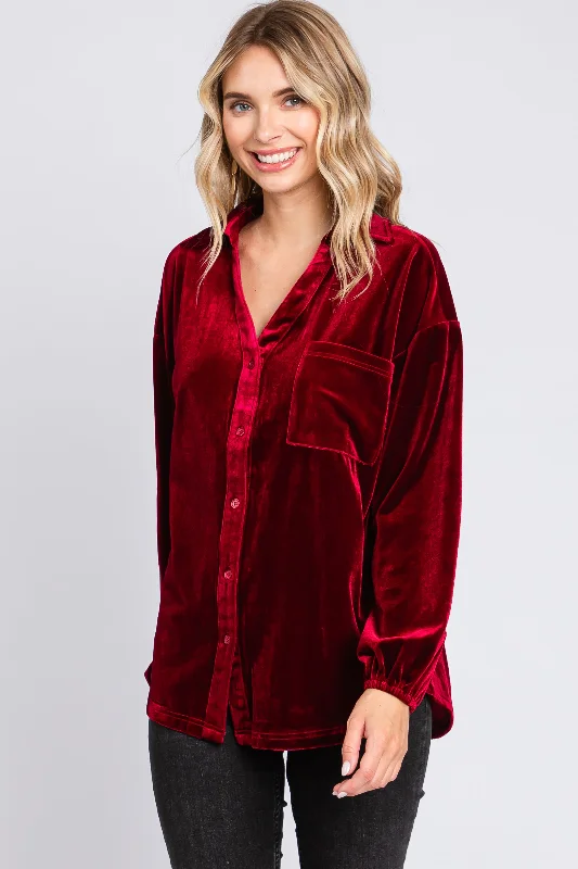Soft Tops Burgundy Velvet Button Fron Collared Blouse