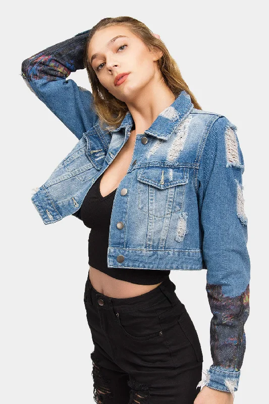 Easygoing Outfits Hollywood Print Cropped Denim Jacket