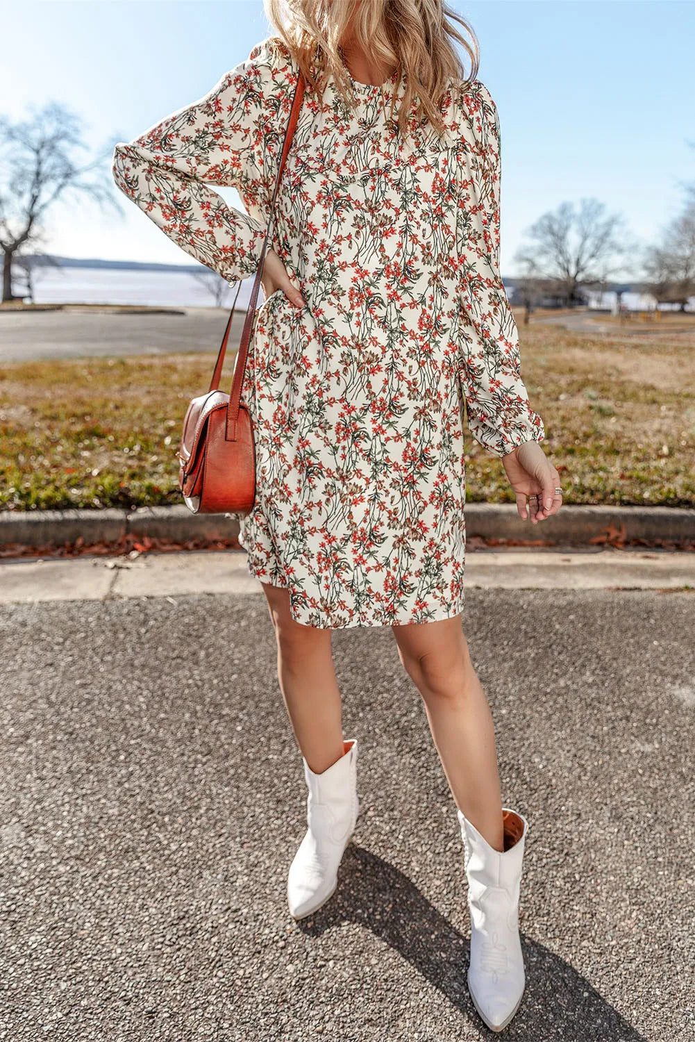 Relaxed Fashion Fall Floral Round Neck  Mini Dress with Long Sleeve