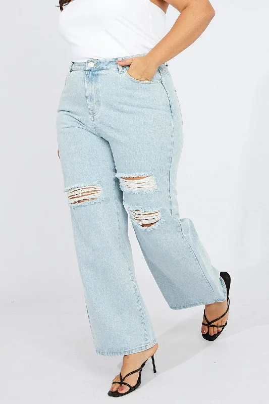 Cozy Lounge Wear Denim Wide Leg Jeans High Rise Distressed