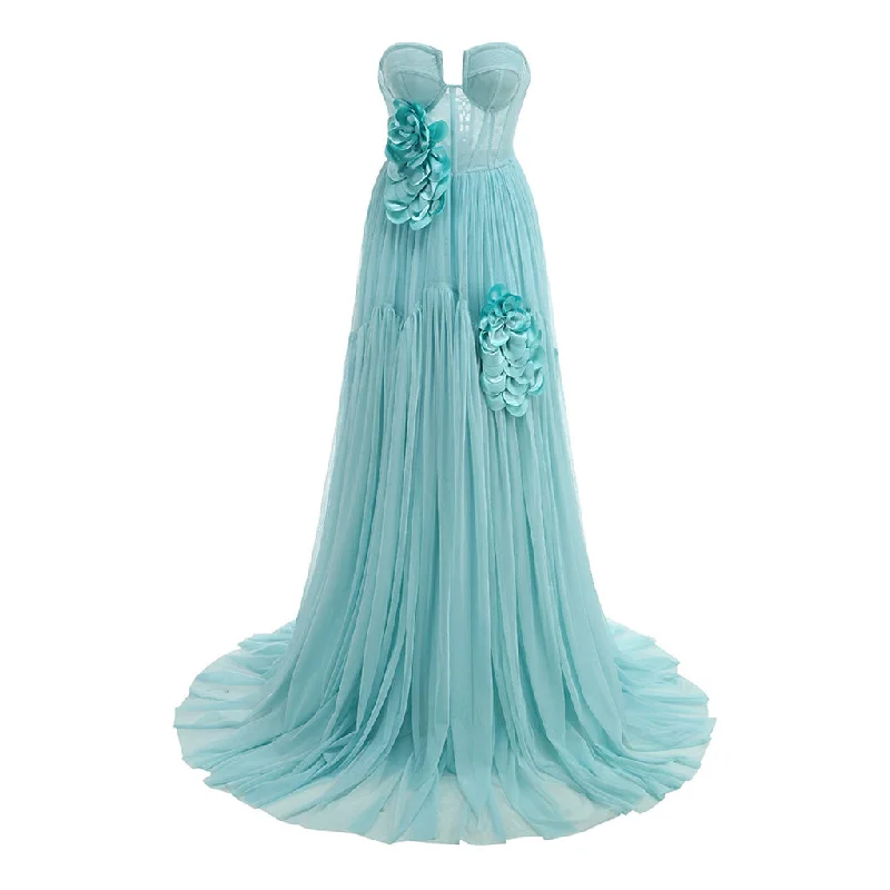 Easy Chic Celebrity Bustier Lace Up Corset Rosette Embellished Tulle Tube Maxi Dress