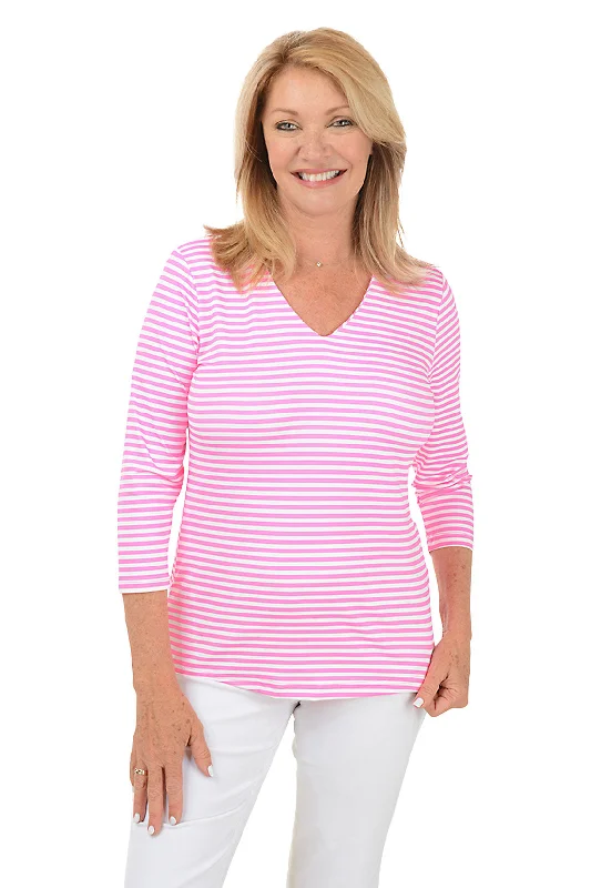Cozy Fashion Trends Pink Striped Classic UPF50+ V-Neck Top
