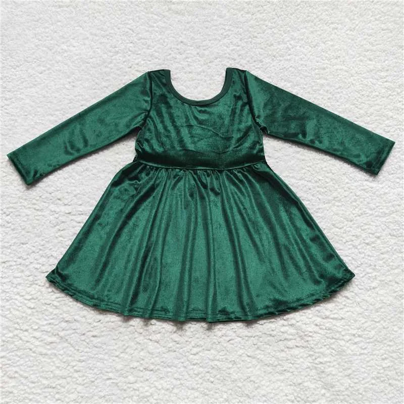 Comfy Layers GLD0336  Baby Girls Green Long Sleeve Velvet Knee Length Dresses