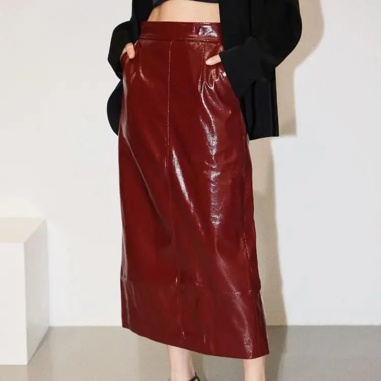 Easy-to-Wear High Waist Reflective PU Leather Midi Pencil Skirt