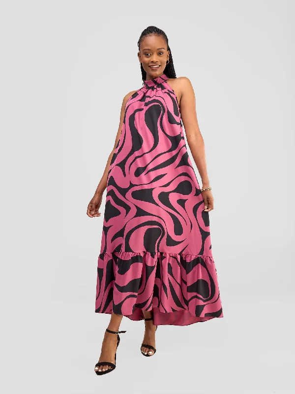 Effortless Looks Vivo Halter Maxi Dress - Dark Pink / Black Manda Print