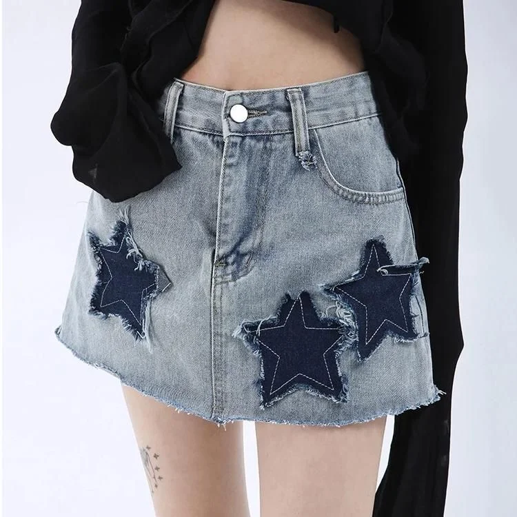 Trendy Dresses High Waist Star Patched Denim Mini Skirt