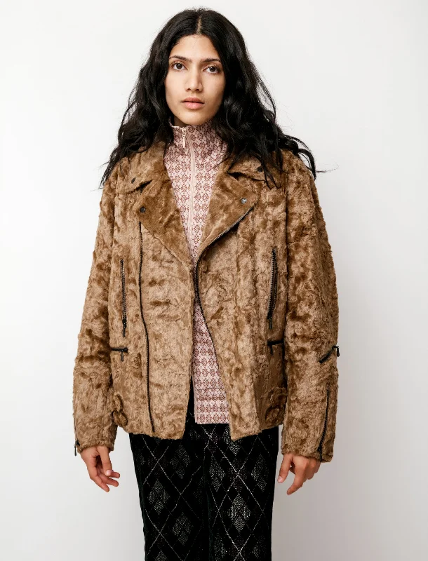 Easy Wear Chic Double Riders Faux Fur Jacket Caramel