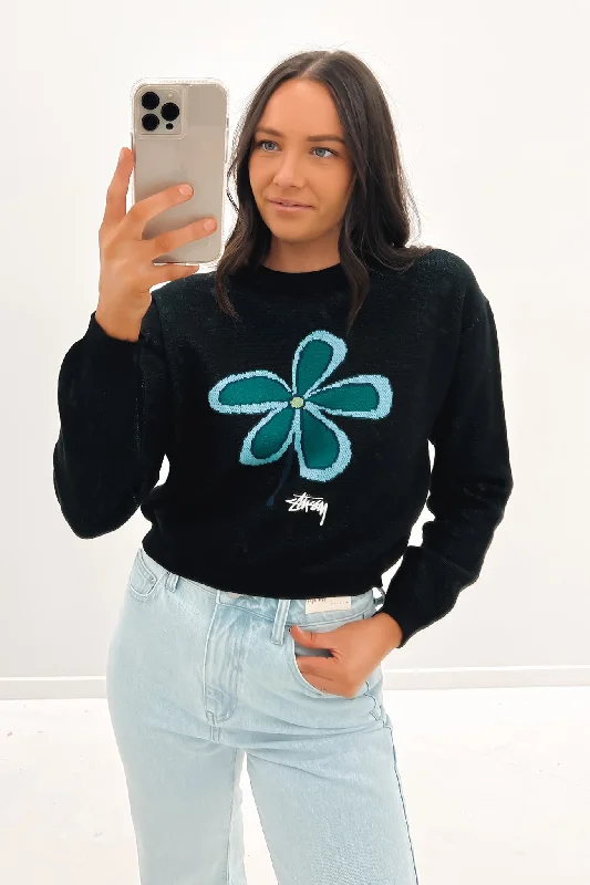 Easygoing Fashion Jacquard Knit Flower Crew Vintage Black