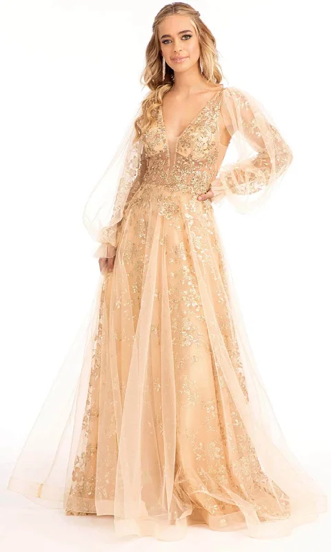Comfy Dress GLS by Gloria GL3001 - Long Puffed Sleeves Deep V-neck Evening Gown