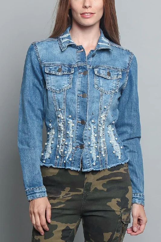 Comfy Layers Pearl Distressed Denim Jacket
