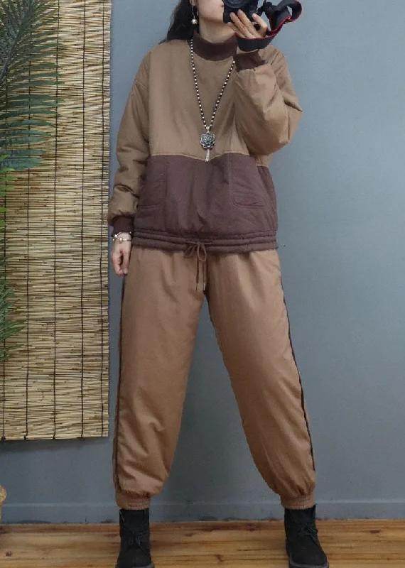 Easygoing Fashion Khaki drawstring warm Fine Cotton Filled Two Pieces Set Winter