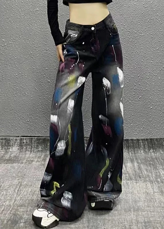Easy Wear Chic Stylish Black Graffiti High Waist Denim Wide Leg Pants Spring