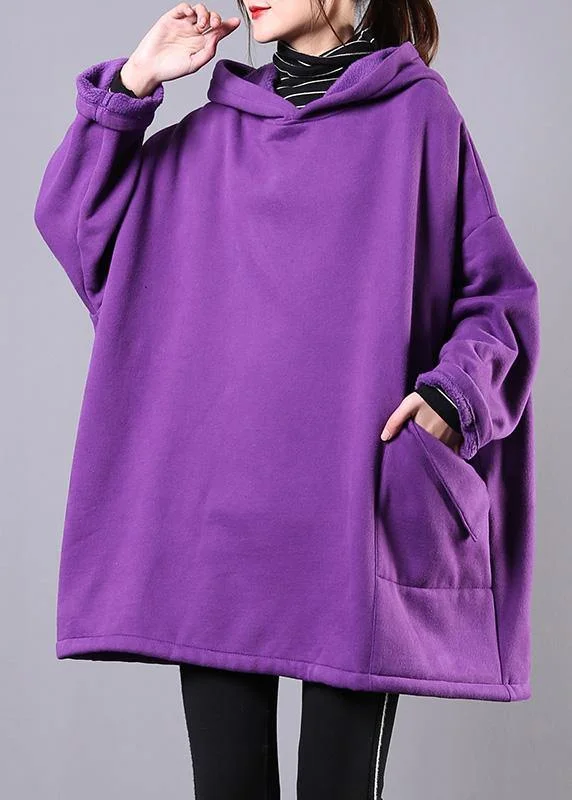 Everyday Outfits Italian purple cotton clothes For Women hooded pockets Midi shirts