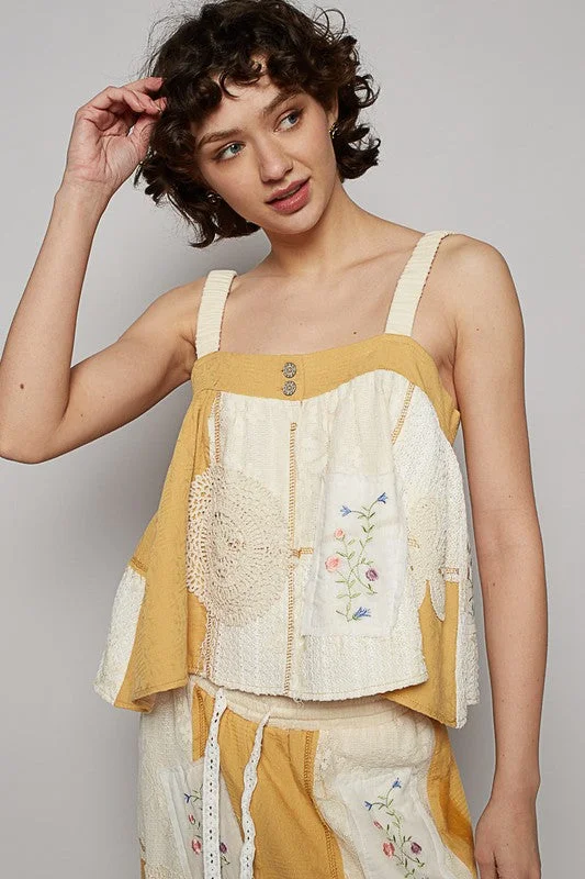 Trendy Comfort Wear POL Embroidered Crochet Lace Patch Square Neck Cami
