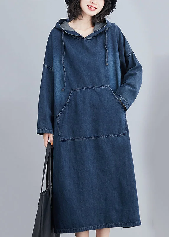 Cozy Essentials Italian Navy Hooded Oversized Denim Sweatshirt Dress Summer