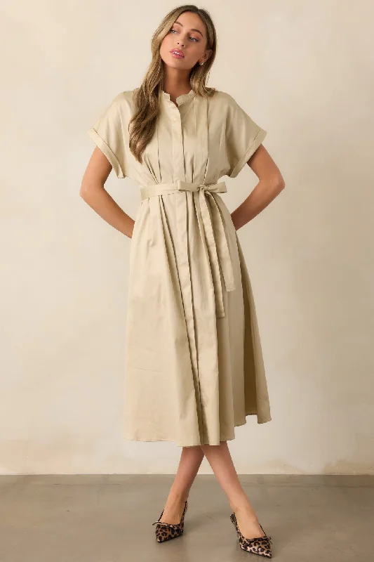 Sporty Comfort Late Nights Beige Cotton Button Front Midi Dress