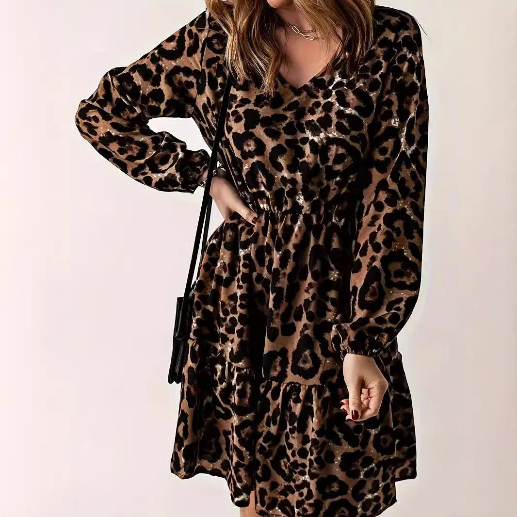 Elegant Casuals Good Mood Leopard Print V-neck Dress