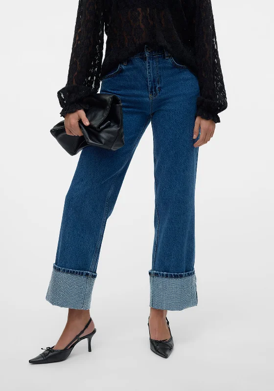 Comfortable Lounge Wear Vero Moda Chloe Rhinestone Hem Wide Leg Jeans, Medium Blue