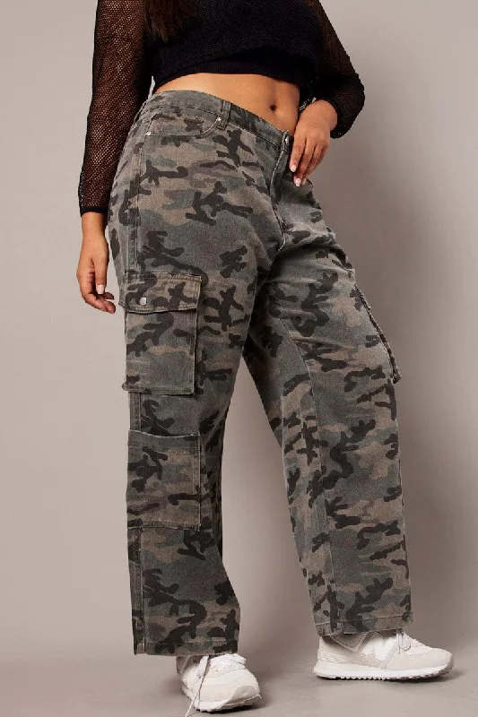 Cozy Fashions Green Abstract Cargo Jeans Mid Rise