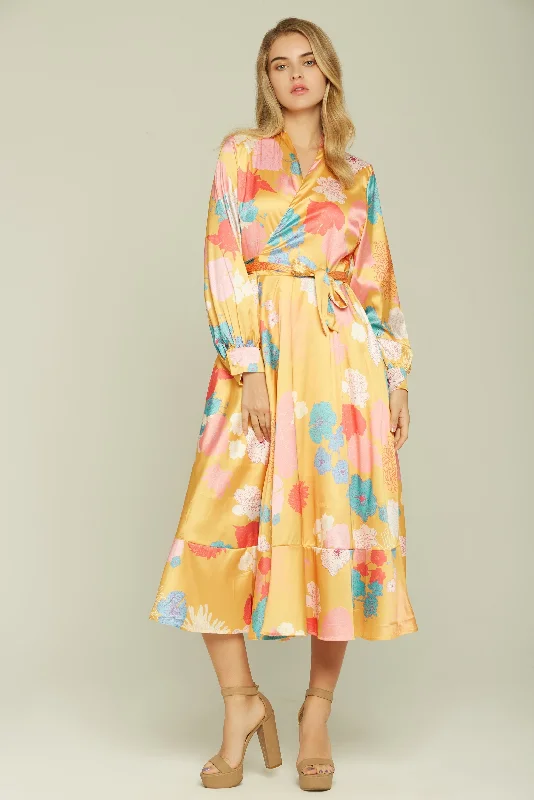 Fashion Comfort Pineapple Yellow Floral Print Wrap-around Midi Dress