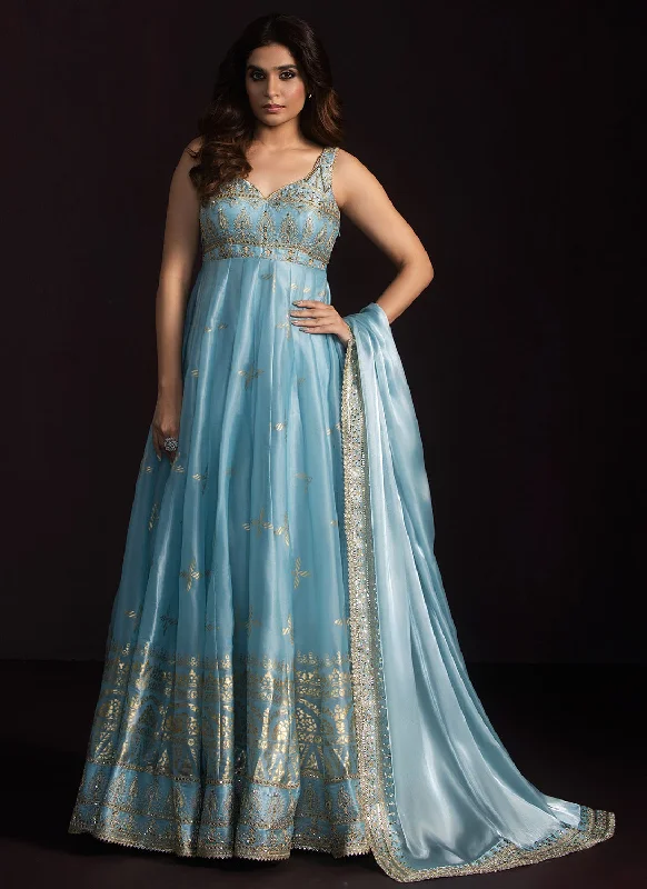 Modern Comfort Wear Light Blue Embroidered Organza Anarkali