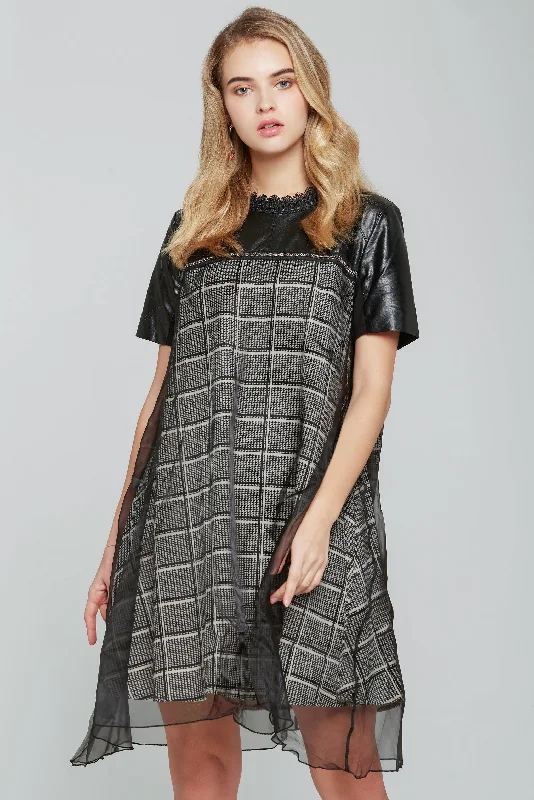 Sporty Wear Black and White Glen Check Print Midi Dress