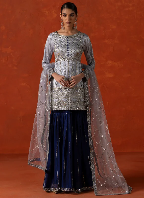 Soft Knitwear Soft Blue and Navy Blue Embroidered Gharara Suit
