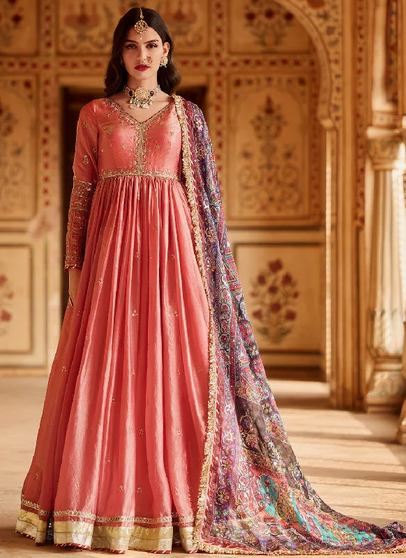 Comfortable Tops Coral Embroidered Silk Anarkali