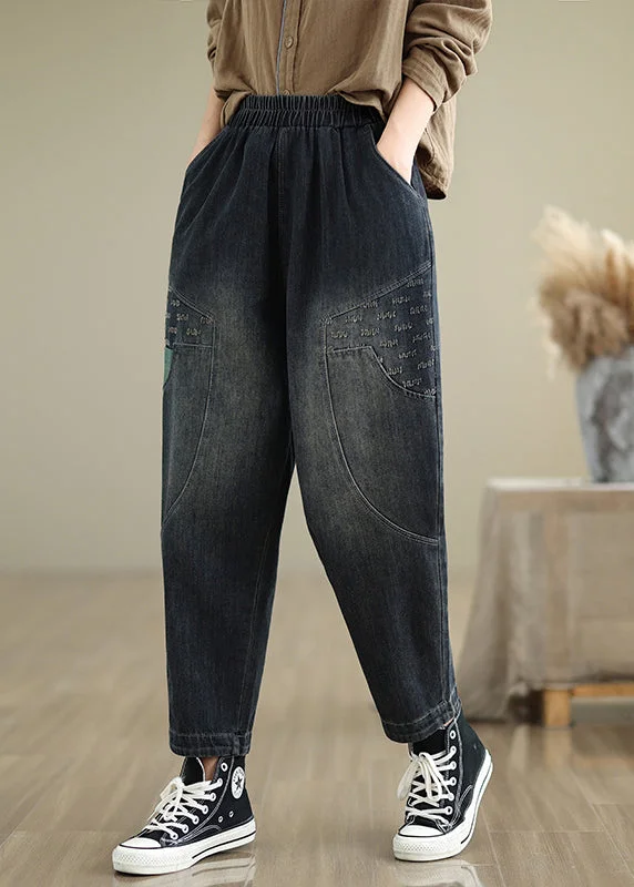 Easygoing Fashion Women Navy Pockets Elastic Waist Denim Pants Fall