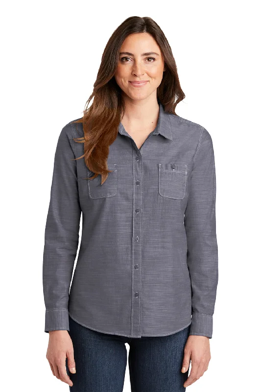 Versatile Outfits Port Authority Womens Slub Chambray Long Sleeve Button Down Shirt w/ Double Pockets - True Navy Blue - Closeout
