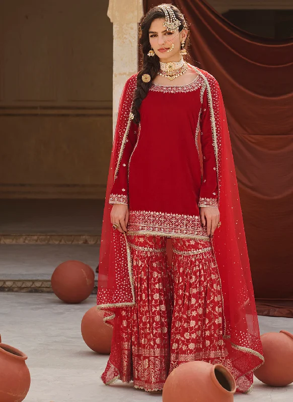 Light Dressing Red Embroidered Velvet Gharara Suit
