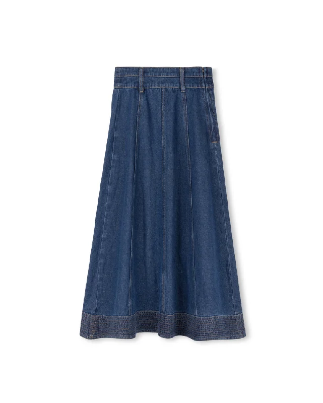 Casual Comfort CABANA MID BLUE DENIM PANELED STITCH MAXI SKIRT