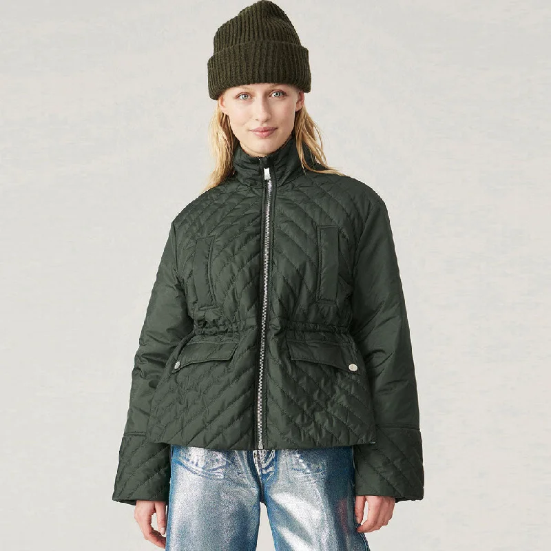 Casual Chic Looks Asymmetric Long Sleeve Zip Front High Collar Quilted Coat - Green
