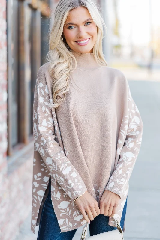 Casual Fit Wear All In Theory Taupe Brown Floral Sweater Tunic