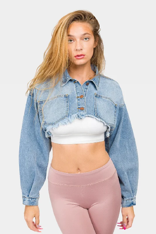 Soft Fabric Looks Cropped Backless Raw Hem Denim Jacket