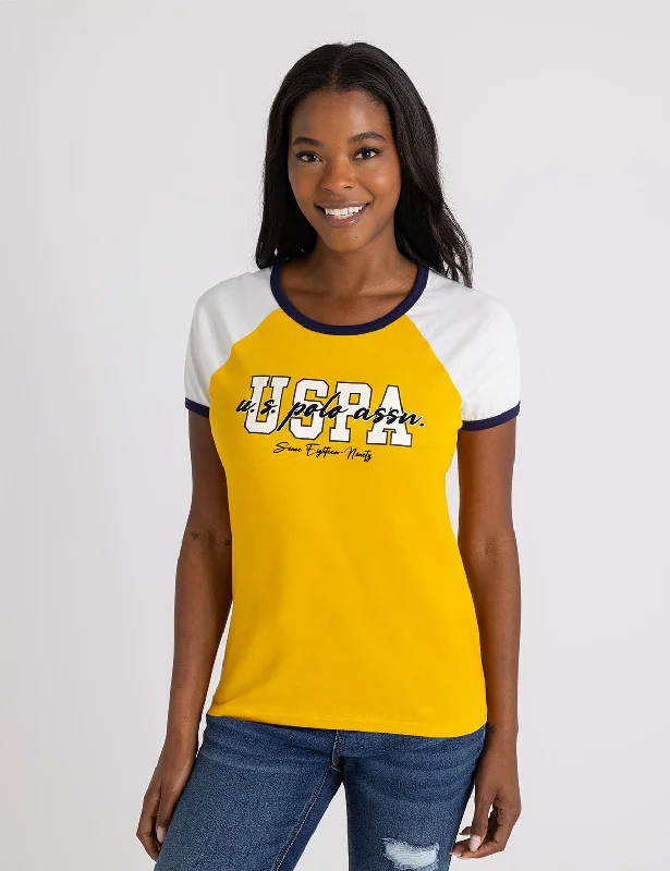 Trendy Comfort Wear FLOCKED SCRIPT RAGLAN RINGER T-SHIRT