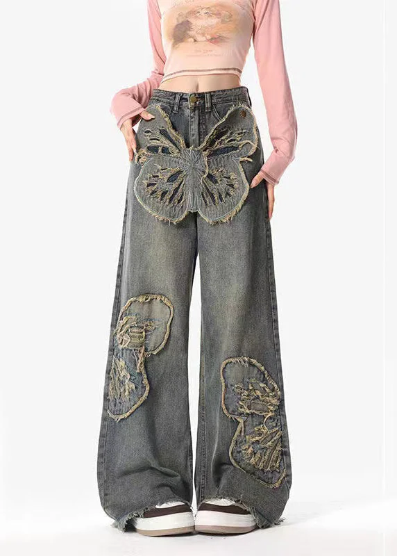 Versatile Casuals New Blue Detachable Butterfly Patch Denim Straight Leg Pants Spring