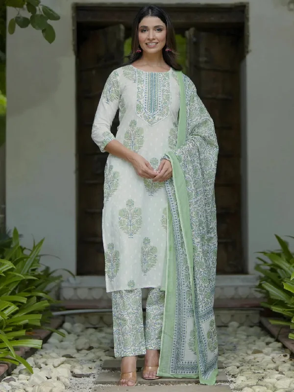 Relaxed Weekend Wear Off White Printed Cotton Straight Suit With Dupatta