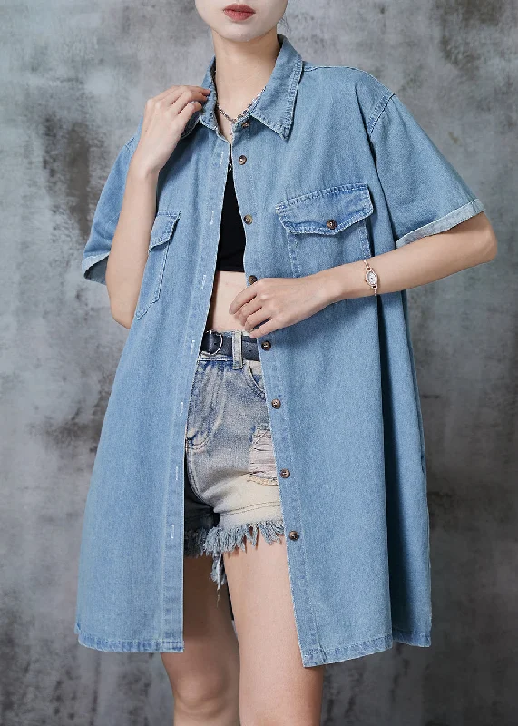 Casual Fit Wear Light Blue Denim Day Dress Peter Pan Collar Pockets Summer