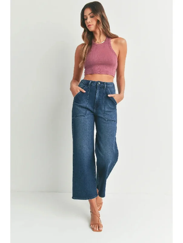 Elegant Casuals High Rise Cargo Pocket Wide Leg - Dark Denim