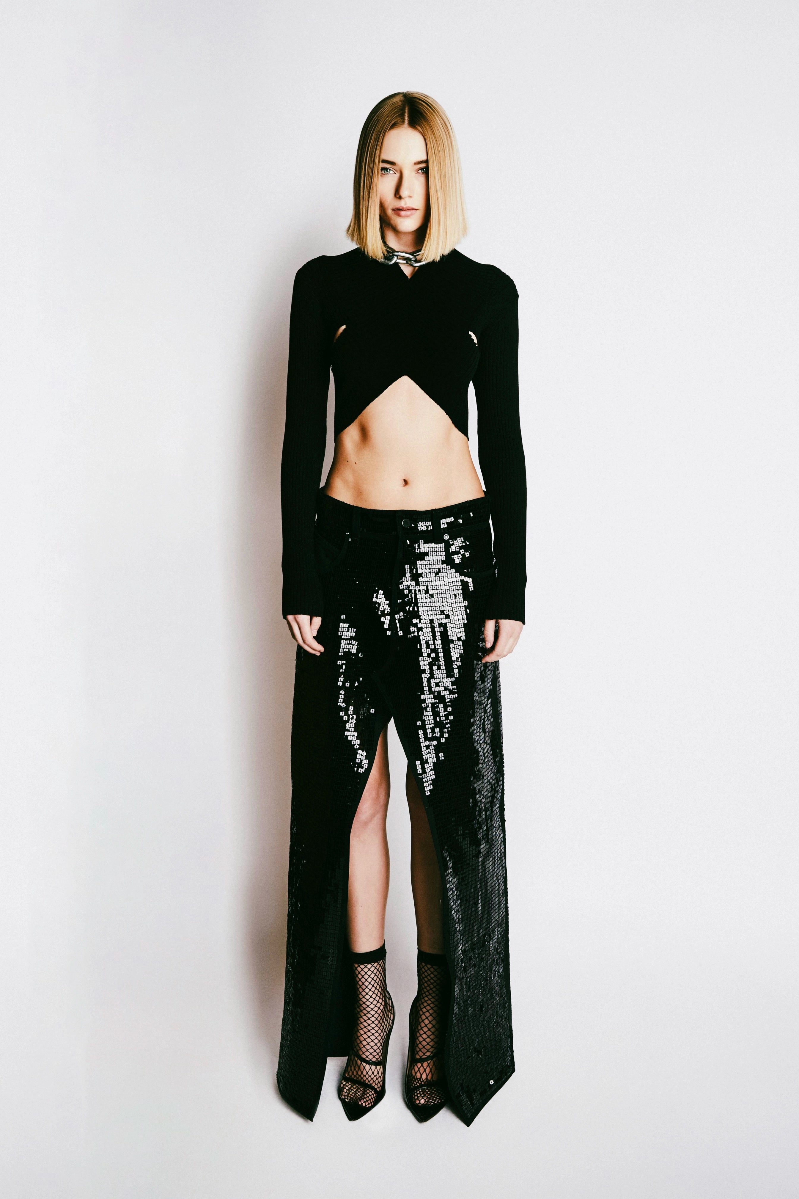 Stylish Jackets SLIT DENIM MAXI SKIRT | BLACK SEQUIN