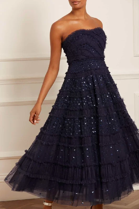 Light Fit Dot Shimmer Tiered Strapless Ankle Gown