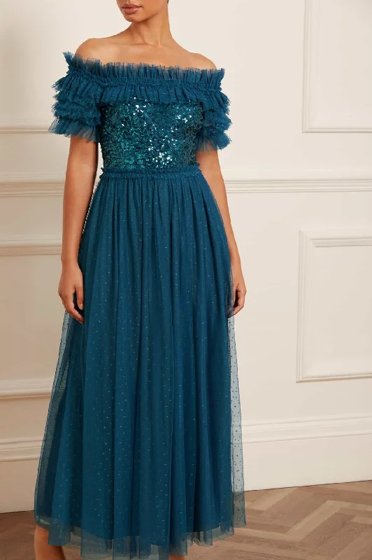 Cozy Chic Wear Sequin Wreath Bodice Off-Shoulder Ankle Gown