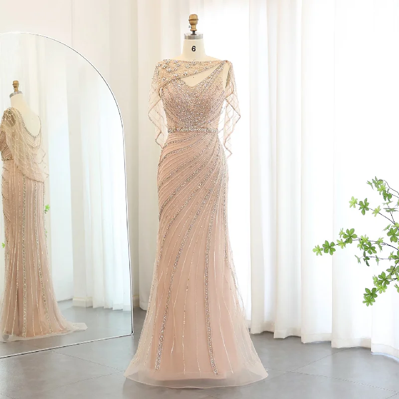 Simple Looks Luxury Champagne Beaded Mermaid Evening Dress with Cape SS122