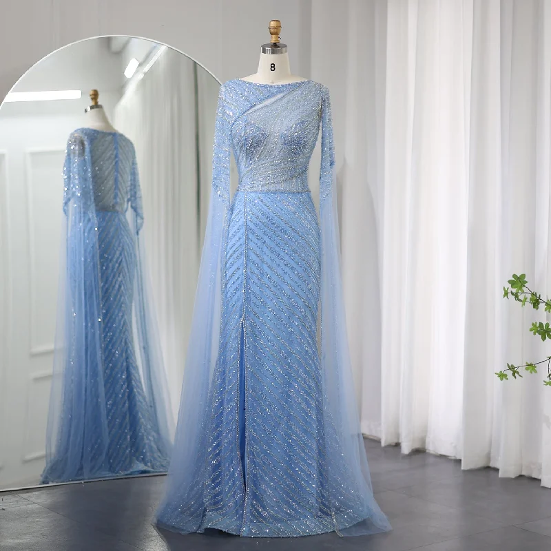 Soft Textures Luxury Mermaid Blue Evening Dress with Cape Sleeves SS087