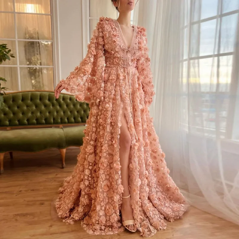 Elegant Fit Arabic Peach-Pink 3D Flowers Long Sleeves Evening Dresses SS295